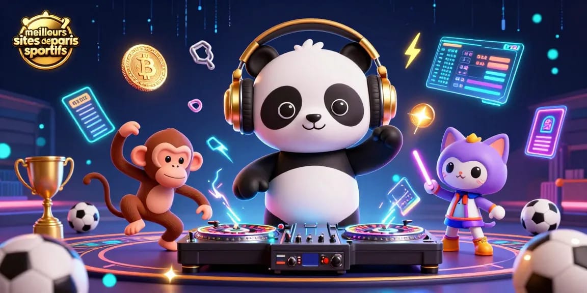 Image mettant en avant les meilleurs sites de paris sportifs avec un panda DJ et un singe en train de danser.