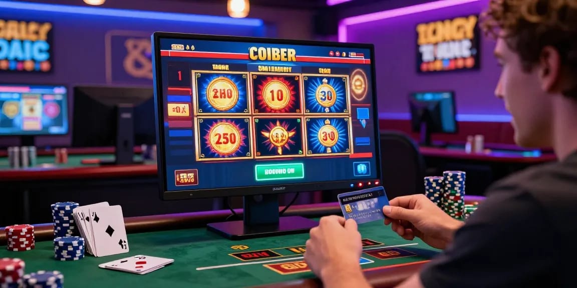 Excited player at credit card casinos engaging in online gaming with vibrant slot games displayed and a credit card in hand.