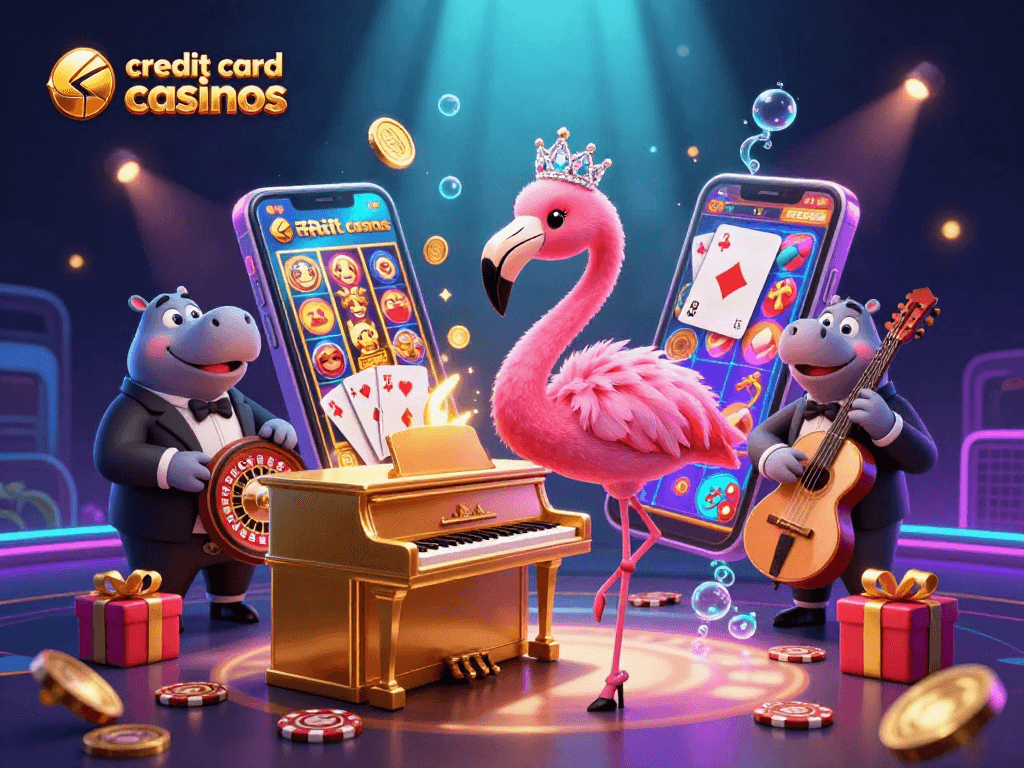 Vibrant scene showcasing credit card casinos with a flamingo singer, hippo bassist, and slot game on a smartphone.