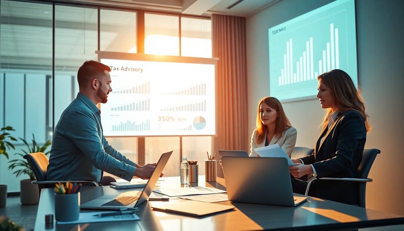 Corporate Tax Services in UAE: Professionals collaborating in a modern office on tax advisory.