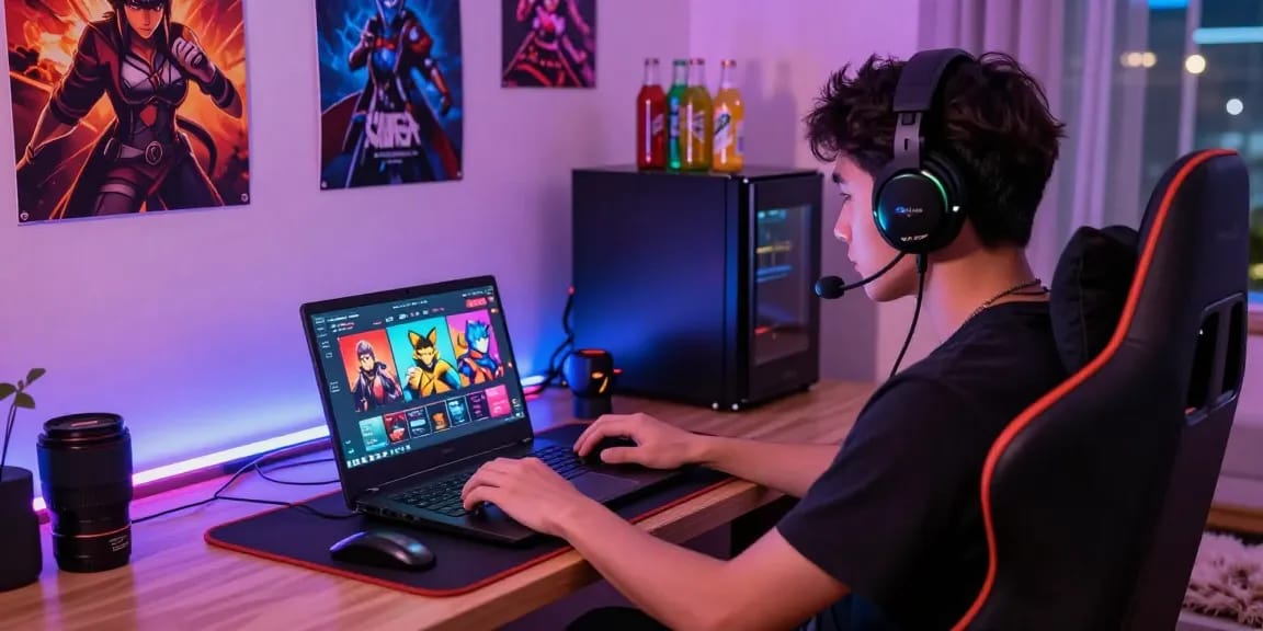 Engaged player exploring a variety of adult games on laptop, surrounded by gaming accessories.