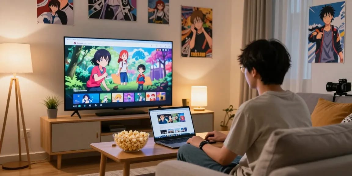 Pengguna AnimePlay menikmati menonton anime di ruang tamu modern.