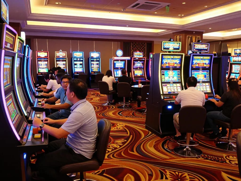 Experience the excitement of winning at slot thailand with players celebrating at colorful gaming machines