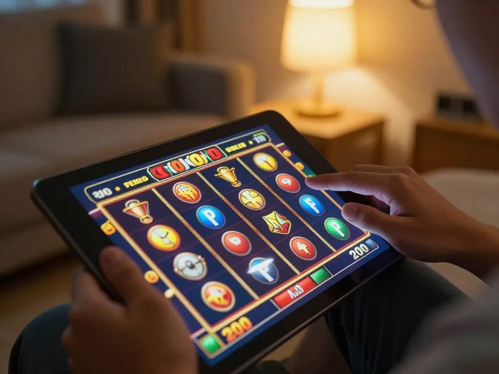 Engaged player making a slot bet 200 perak on a tablet in a cozy home setting.