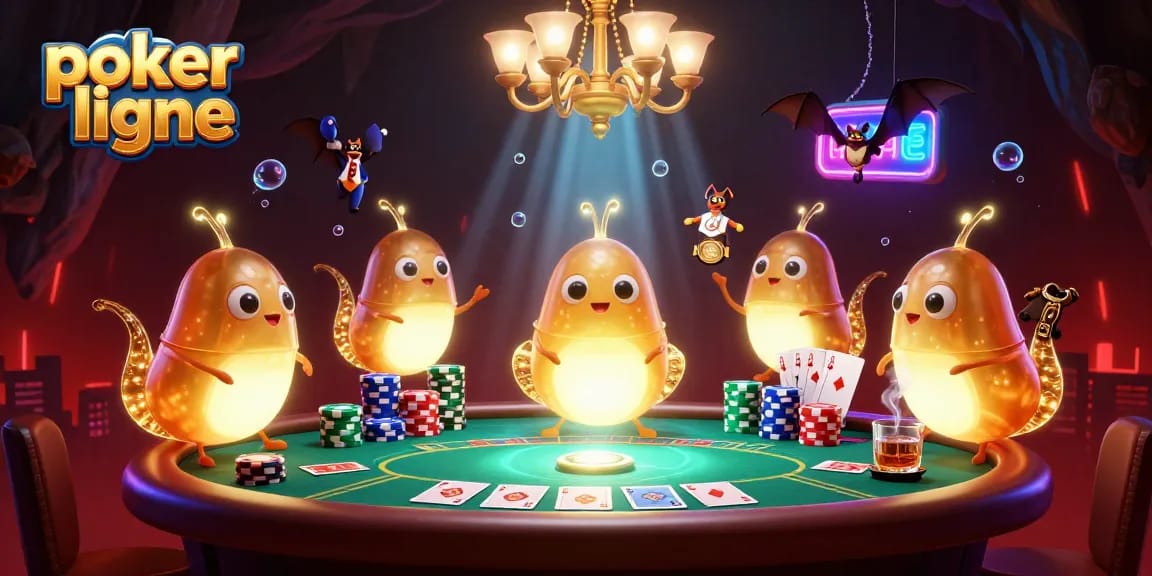 Jouez au poker ligne dans un casino vibrant illuminé par des vers luisants dans une scène fascinante.