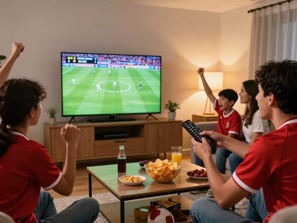 Cakhiatv 24h fans enjoying a thrilling football match live in a vibrant living room.
