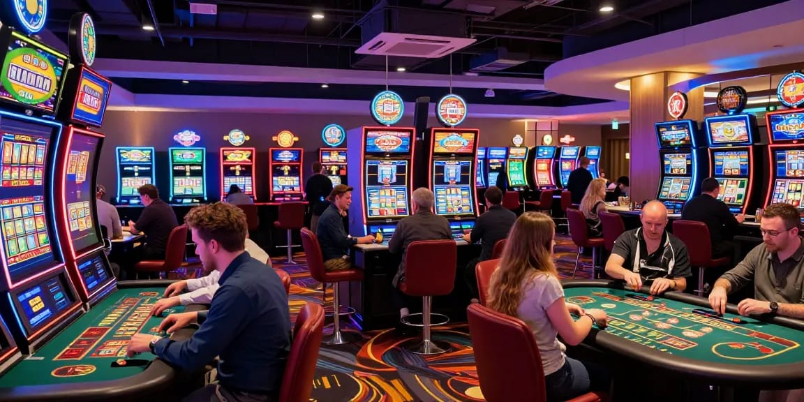Dynamic view of a credit card casino with players at tables and machines, showcasing vibrant atmosphere and excitement.