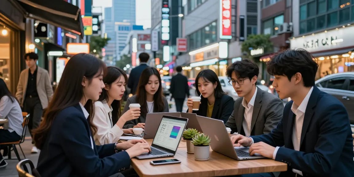 강남 달토에서 현대적인 도심 거리 풍경을 배경으로 커피를 나누는 젊은 전문가들