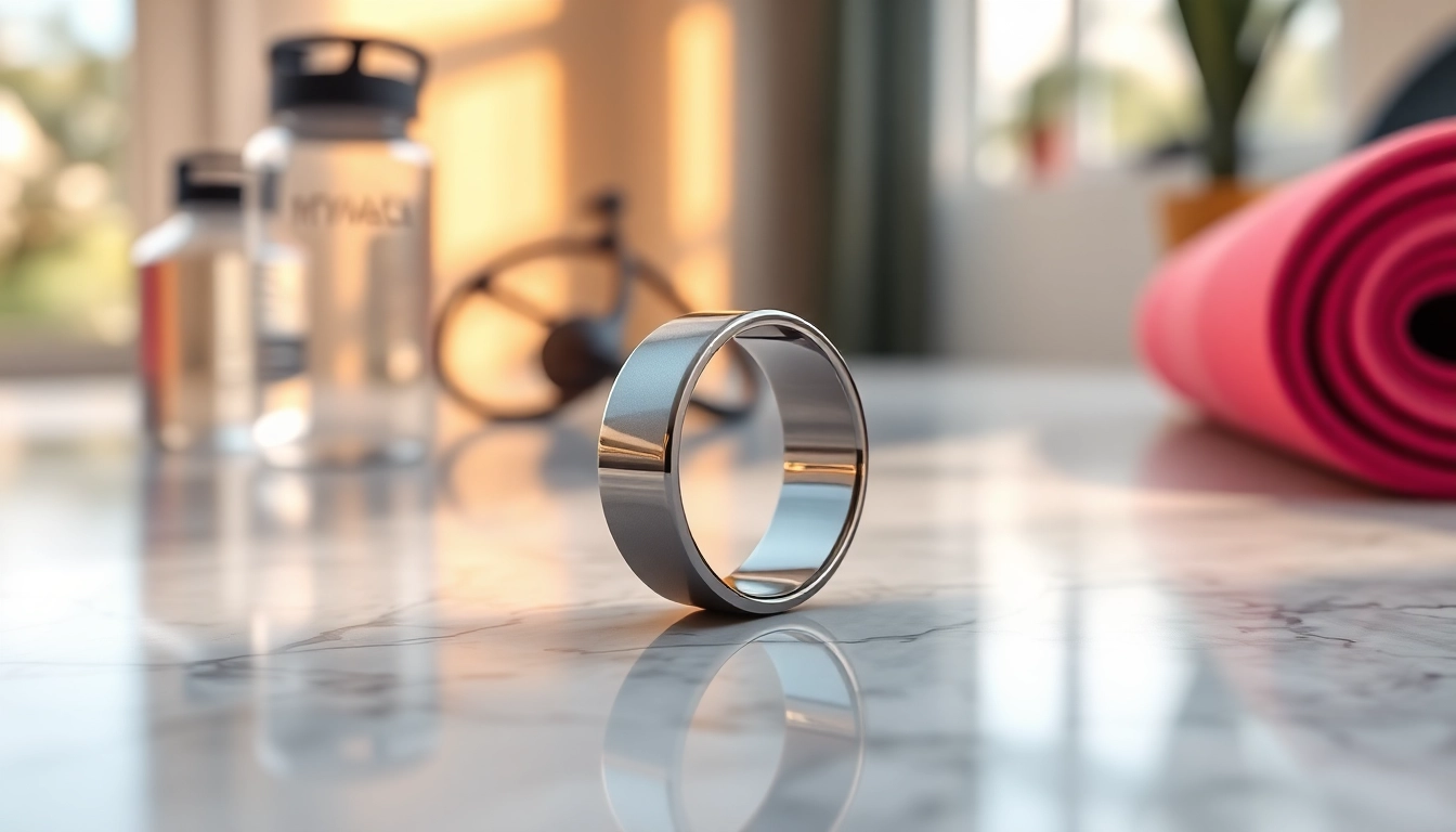 Showcasing a Smart Health Ring on a marble table, reflecting its sleek design and health-oriented features.