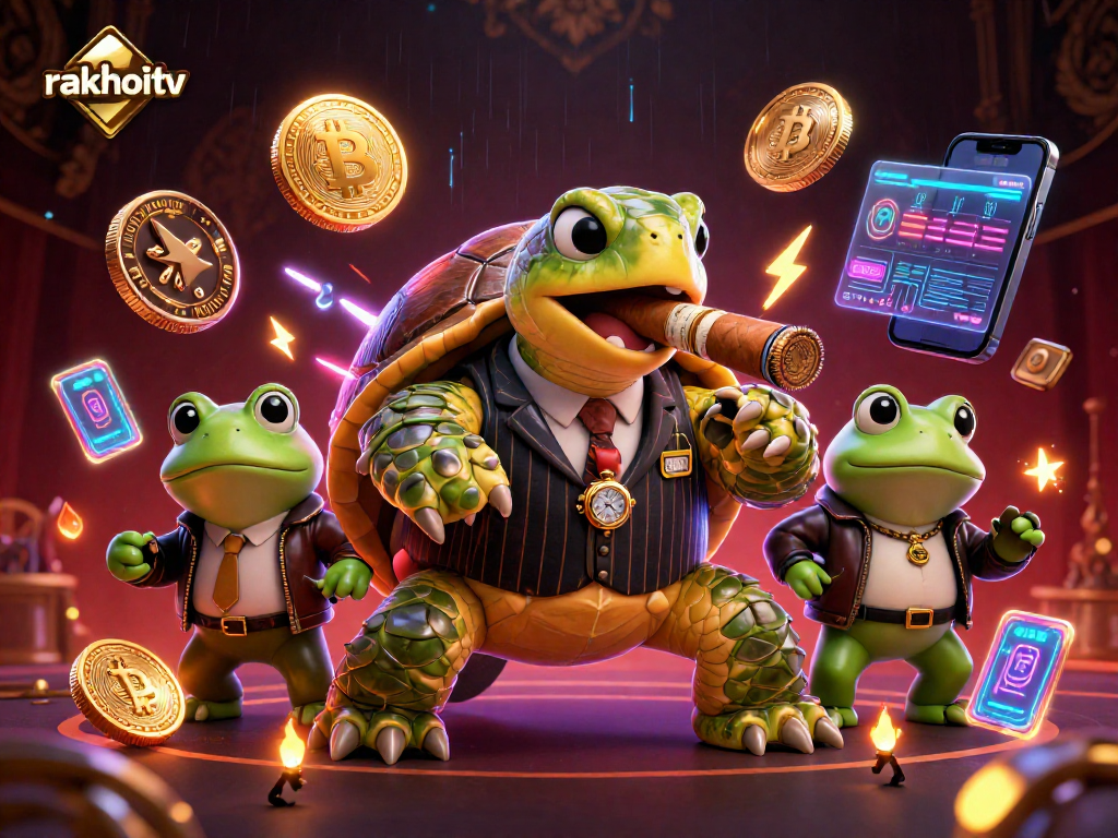 Engage with rakhoitv featuring a vintage mobster turtle surrounded by vibrant casino elements.