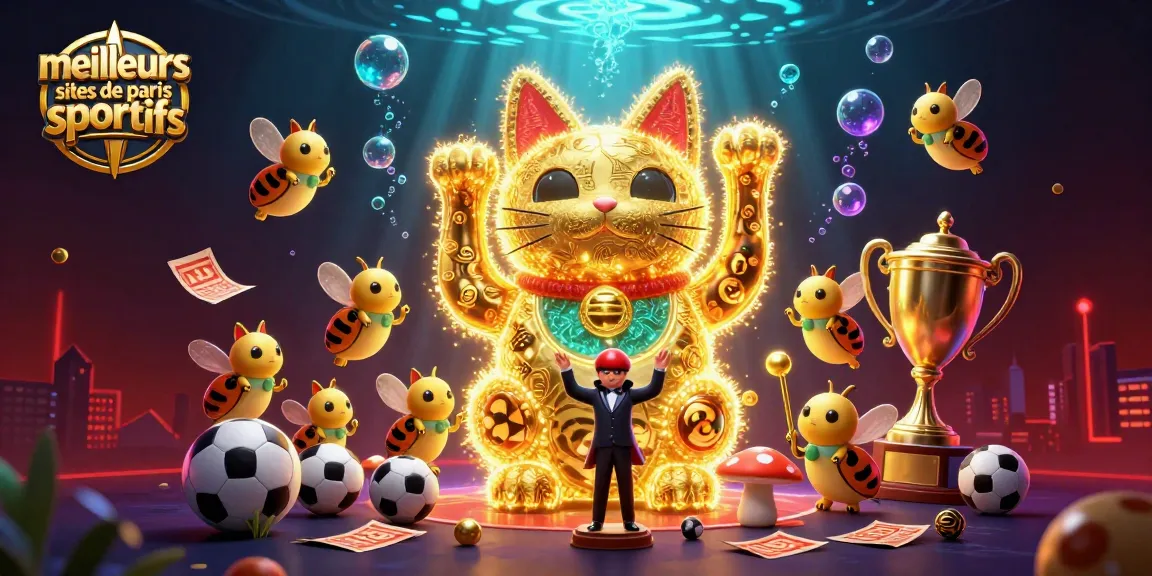 Les meilleurs sites de paris sportifs : Visualisez le chat porte-bonheur animé parmi des éléments de paris sportifs captivants.