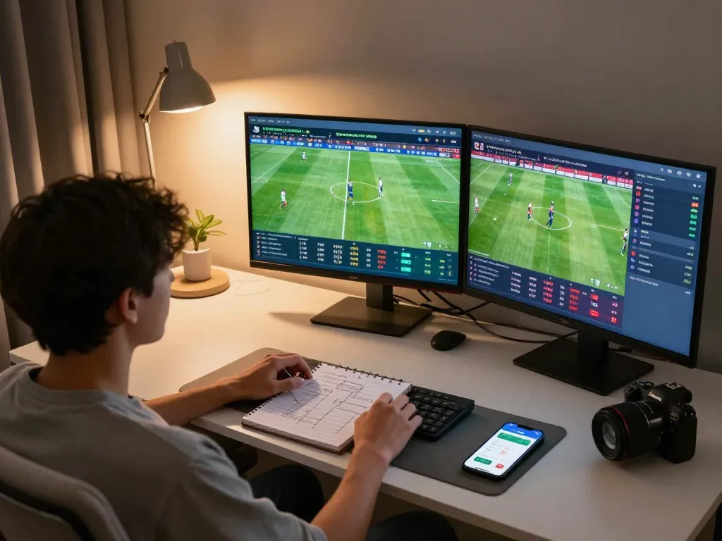 Kết quả bóng đá hôm nay displayed on multiple screens during online sports betting session at home desk.