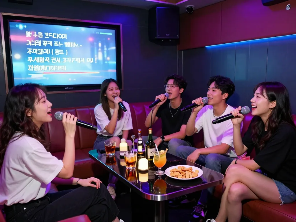 A lively karaoke night at gangnamtune.com with friends singing, high-end audio, and colorful lights.