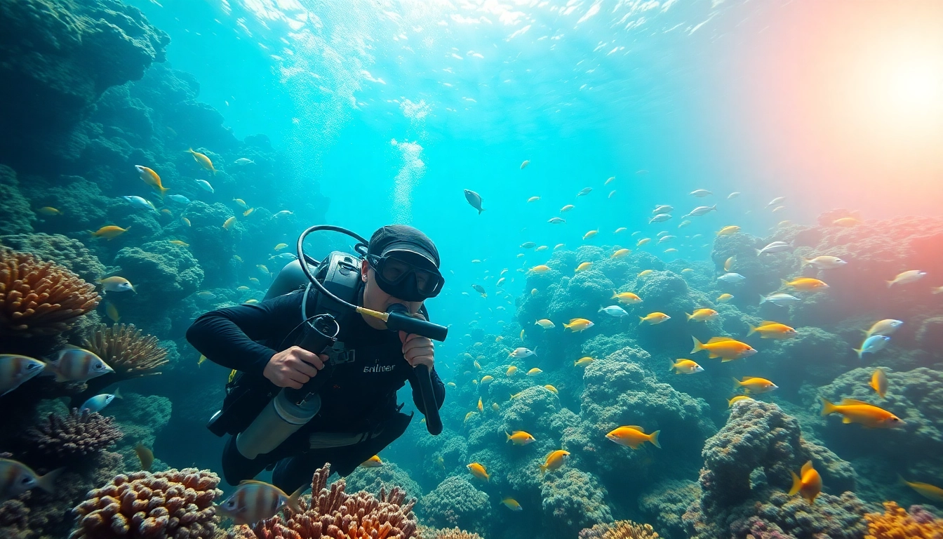 Tauchen in einem lebhaften Korallenriff mit einem Taucher und bunten Fischen.