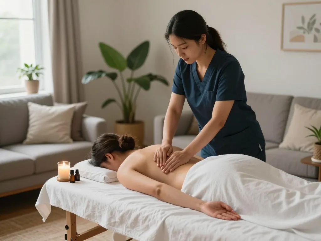 Relaxing aromatherapy massage scene showcasing maxim-anma.net services with soothing atmosphere and professional therapist.