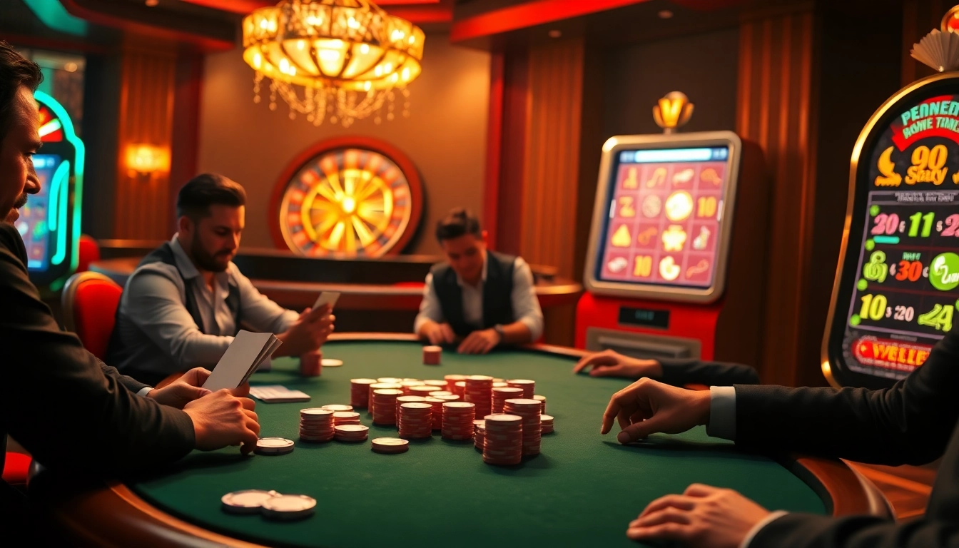 Une scène de casino en ligne France captivante mettant en vedette des joueurs à une table de poker, des machines à sous vibrantes, et une roulette en rotation.
