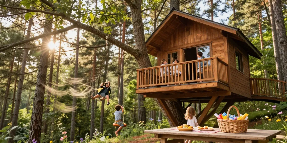 Family enjoying treehouses adventure while playing outside in the woods.