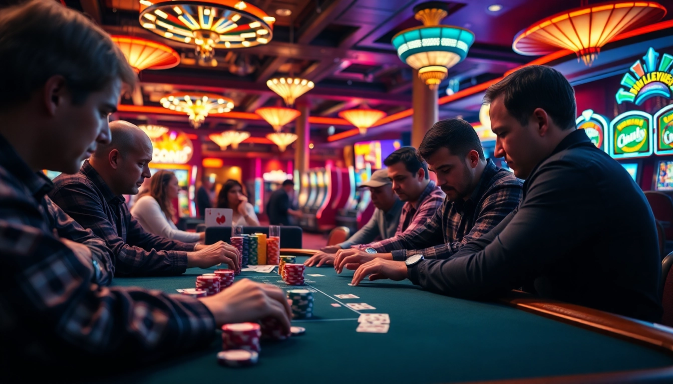 Permainan poker seru tentang strategi interwin dengan tumpukan chip berwarna-warni di kasino.