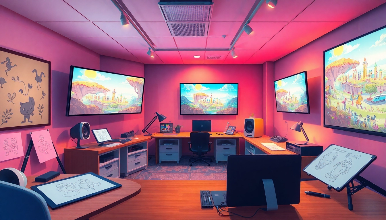 Animation Erstellen in einem modernen Atelier mit kreativen Animationsszenen und einem inspirierenden Arbeitsumfeld.