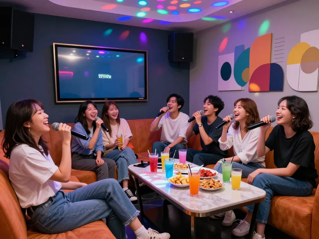 활기찬 조명과 음료가 어우러진 인천쓰리노에서 즐거운 노래방 밤을 보내는 친구들.