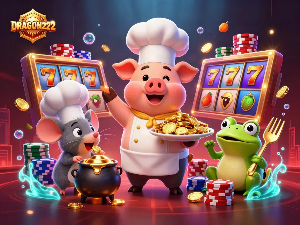 Experience the excitement at DRAGON222 with golden coins, vibrant slot reels, and engaging casino characters.