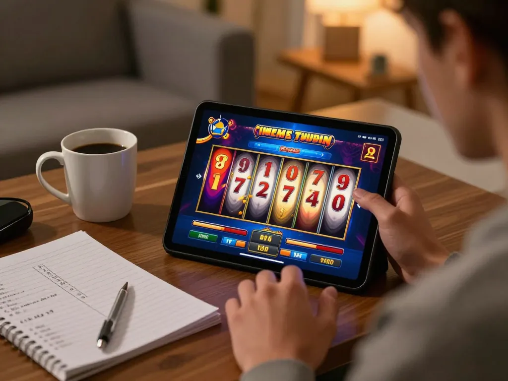 Engaging in a thrilling toto slot game on a tablet in a cozy living room.