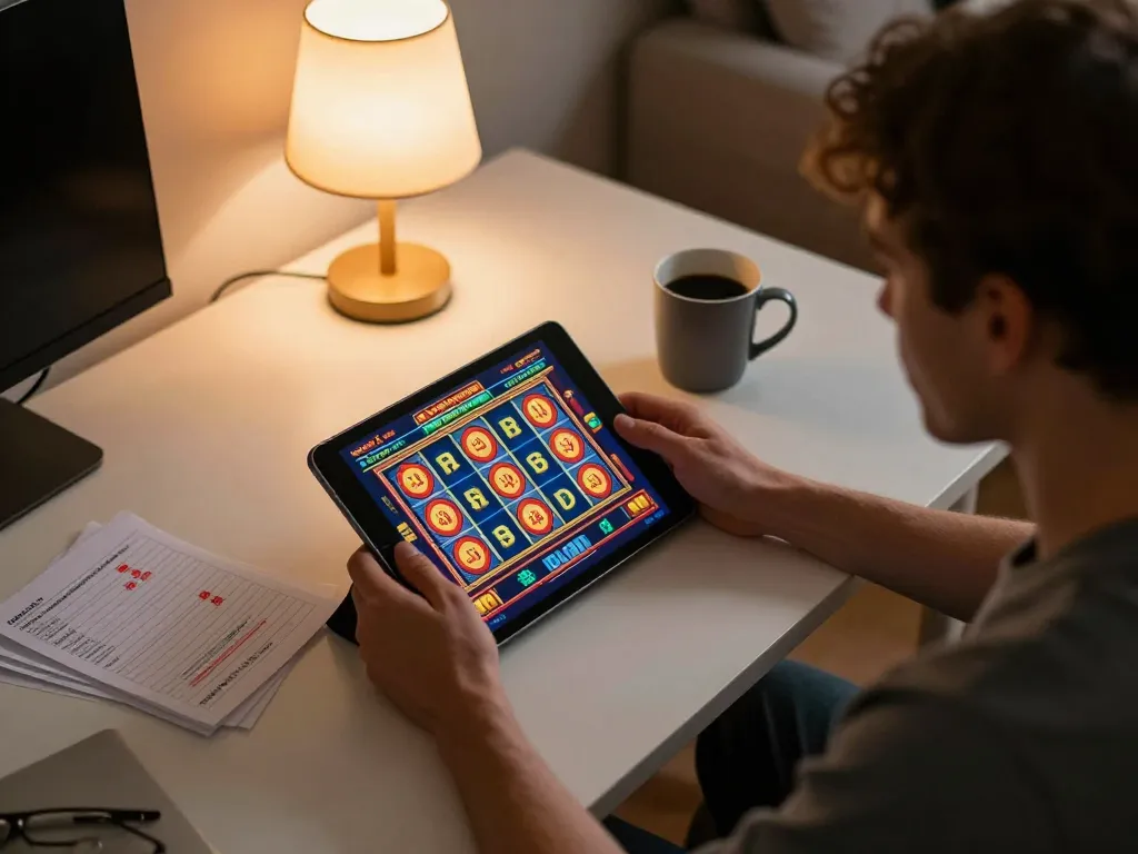 Person engaging in online gaming at home using tg88 trang chủ on a tablet for thrill and fun.