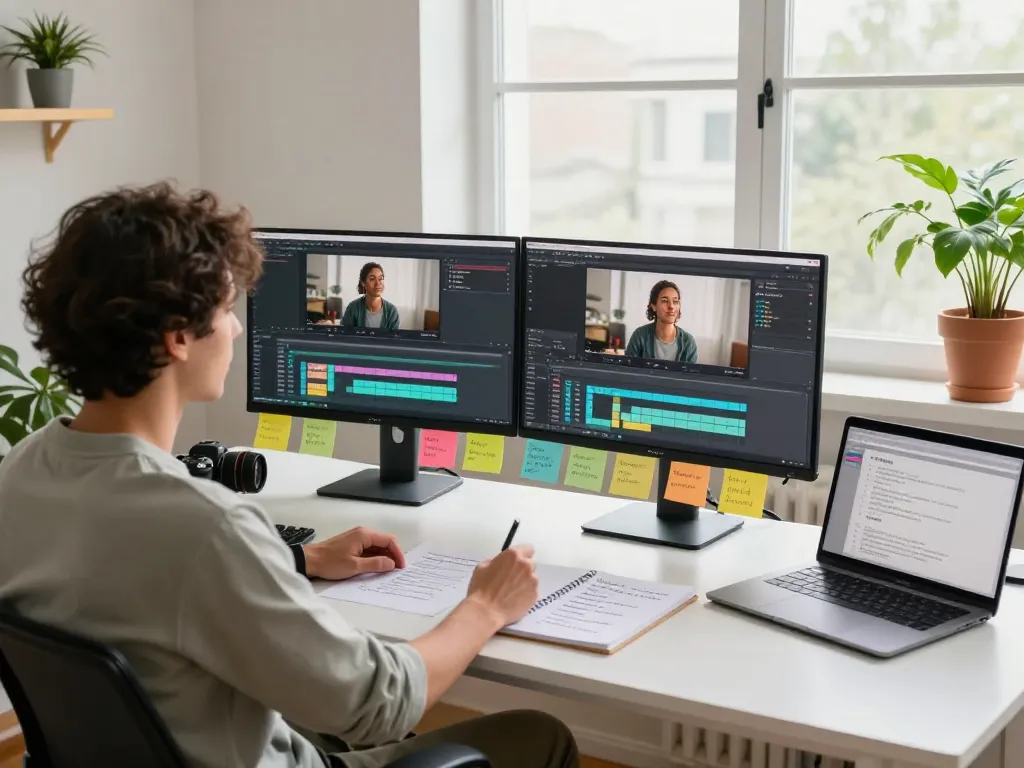 Content creator using video to promptgenerator in modern studio, showcasing the creative process.