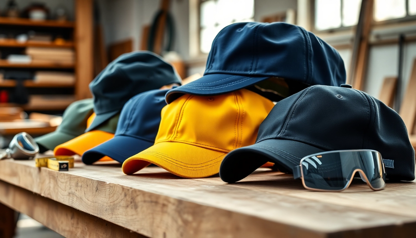Gorras de trabajo coloridas sobre un banco de trabajo con herramientas de seguridad.