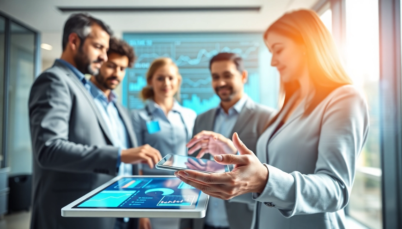 Engaged professionals analyzing AI claims processing data in a modern office environment.