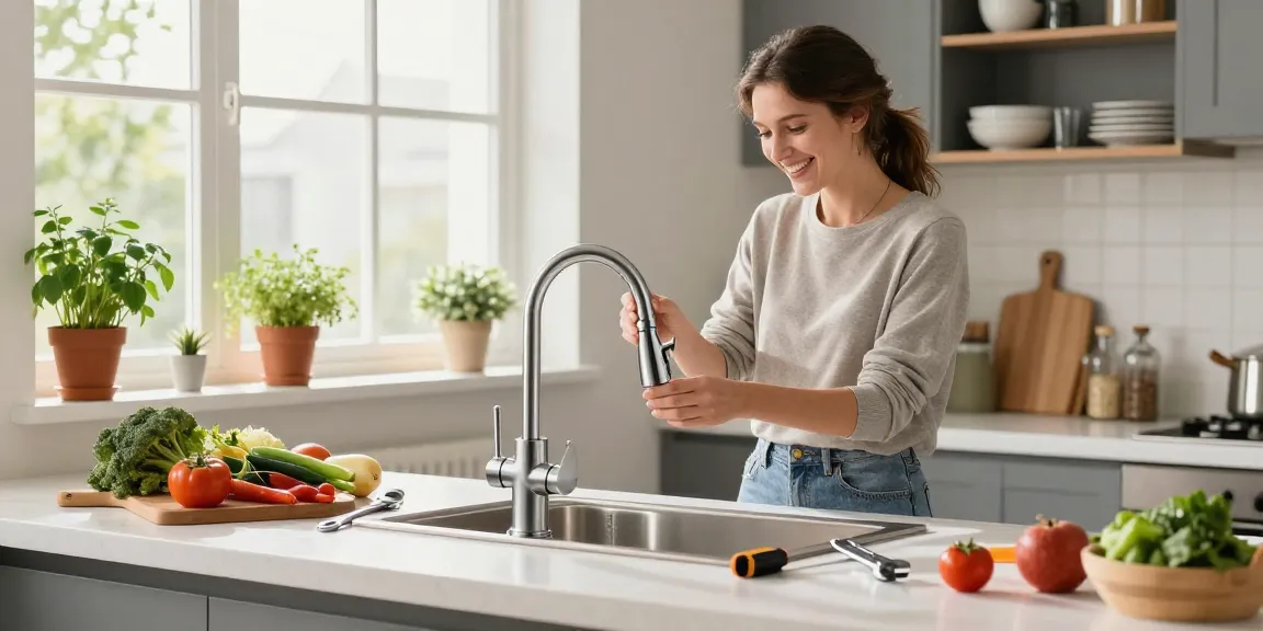 Homeowner installing elegant kitchen faucets in a bright modern kitchen, showcasing style and elegance.