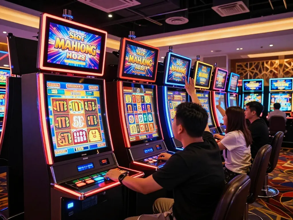 Engaged players celebrating a win while playing Slot Mahjong at colorful slot machines in a casino.