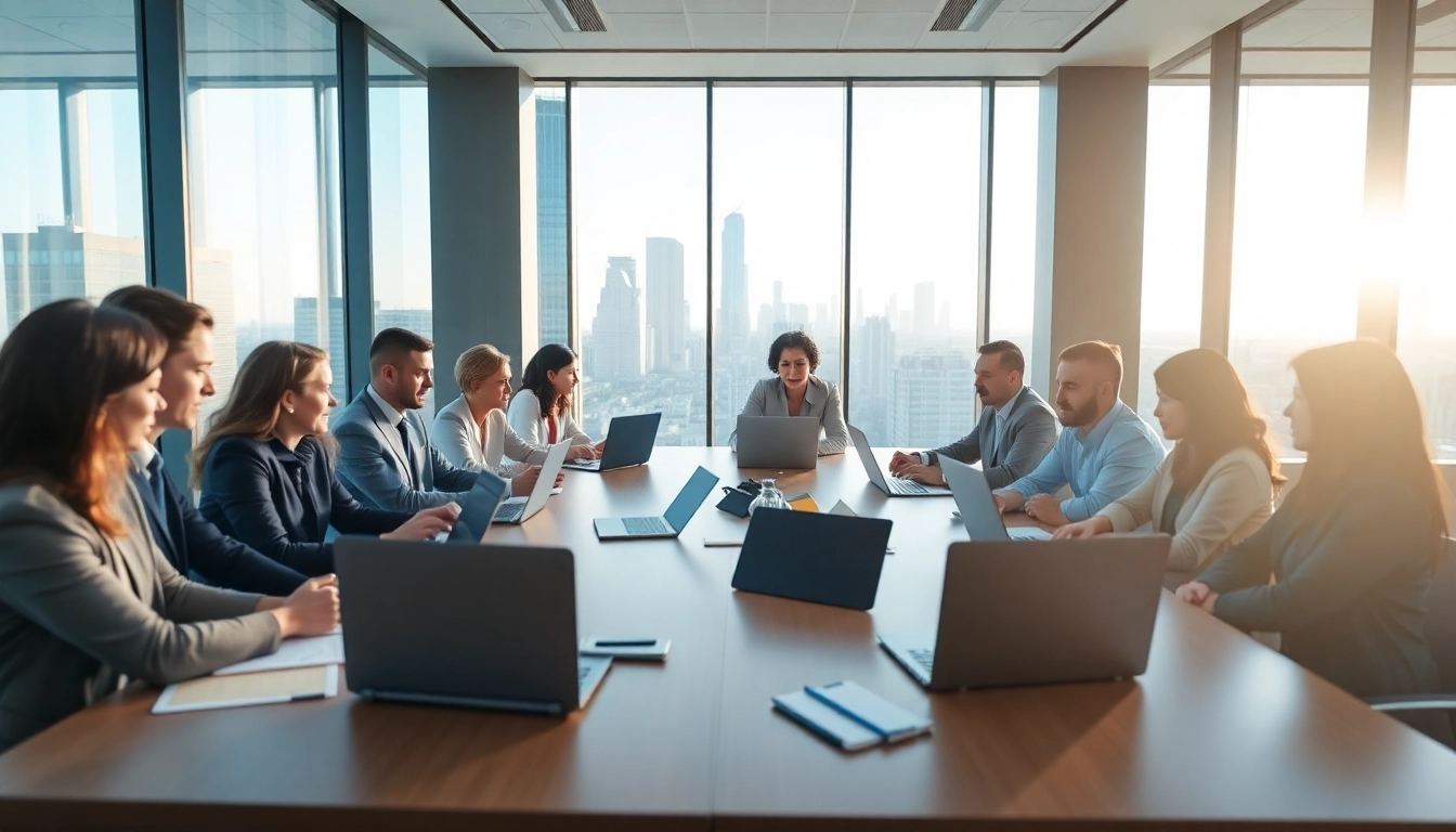 Engaged team members represented in a modern office as they embody standing on business meaning.