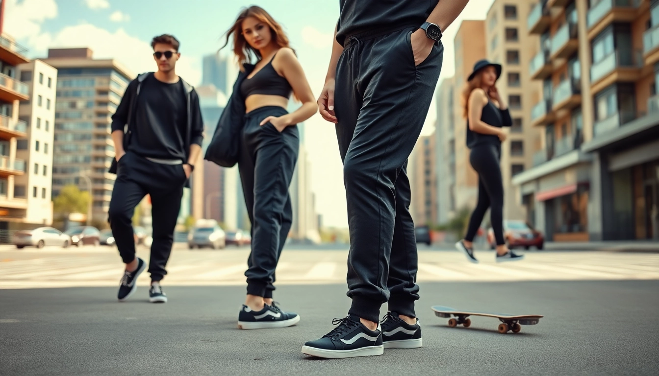 Model showcasing stylish black sweatpants in an urban setting with a vibrant city backdrop.