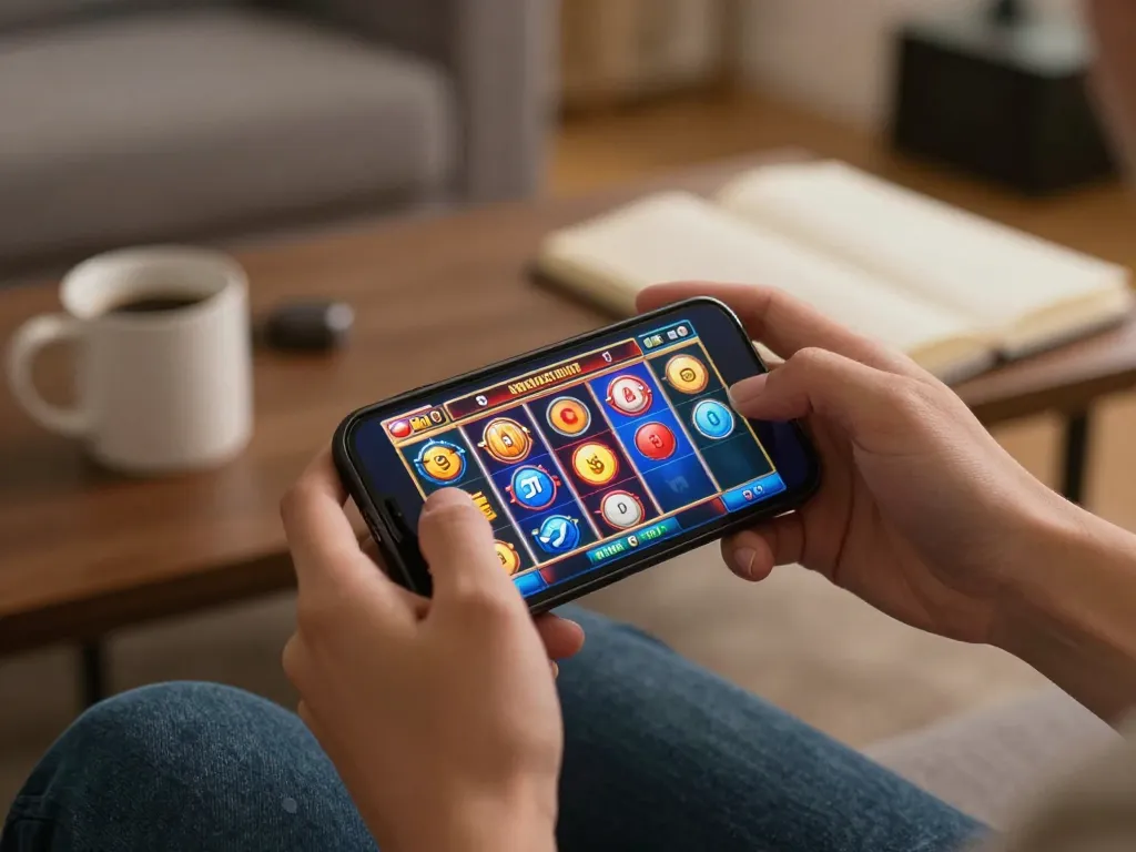 Engaging with สล็อต game on smartphone in cozy setting, casual gaming atmosphere promotes fun