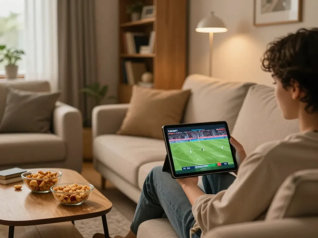 CakhiaTV user streaming live football on a tablet in a cozy living room setting