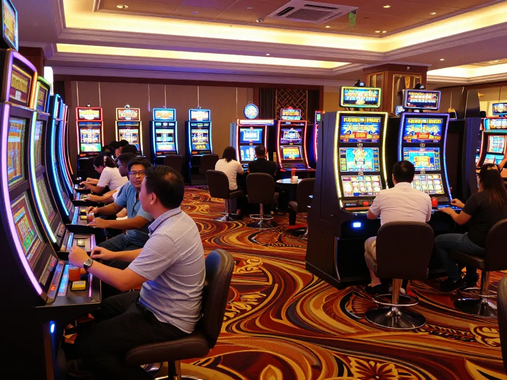 Experience the excitement of winning at slot thailand with players celebrating at colorful gaming machines