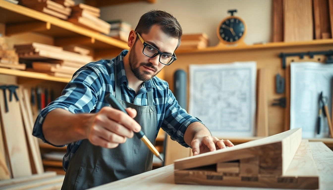 Learn carpentry apprenticeship skills from a focused carpenter in a vibrant workshop.
