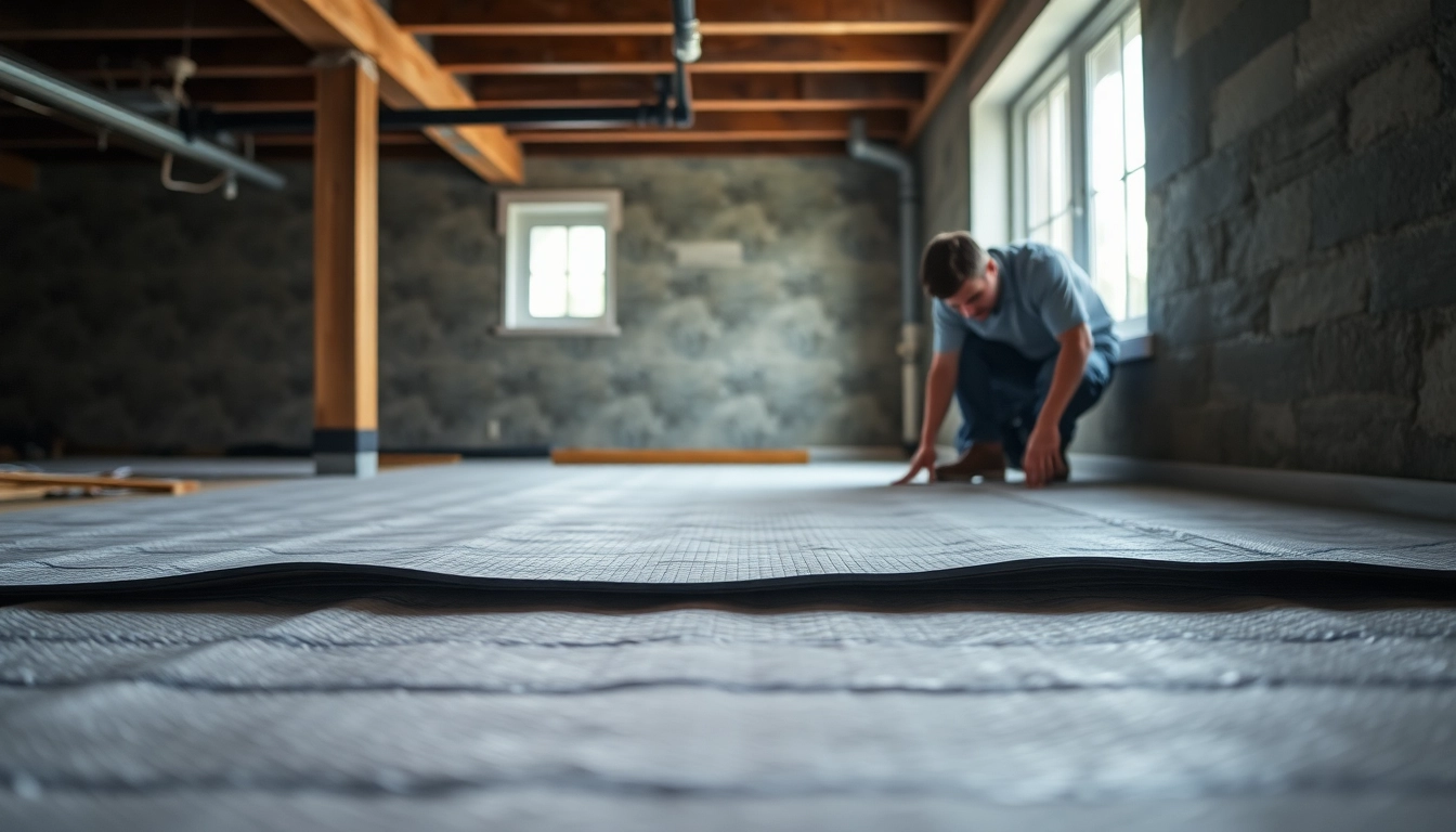 Technician performing Vapor Barrier Installation in a basement, showcasing professional technique and durable materials.