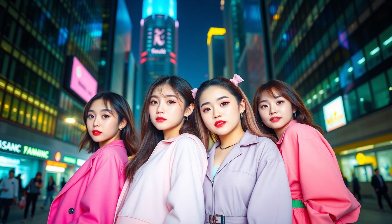 The blackpink members posing in a vibrant city backdrop, showcasing their unique styles.