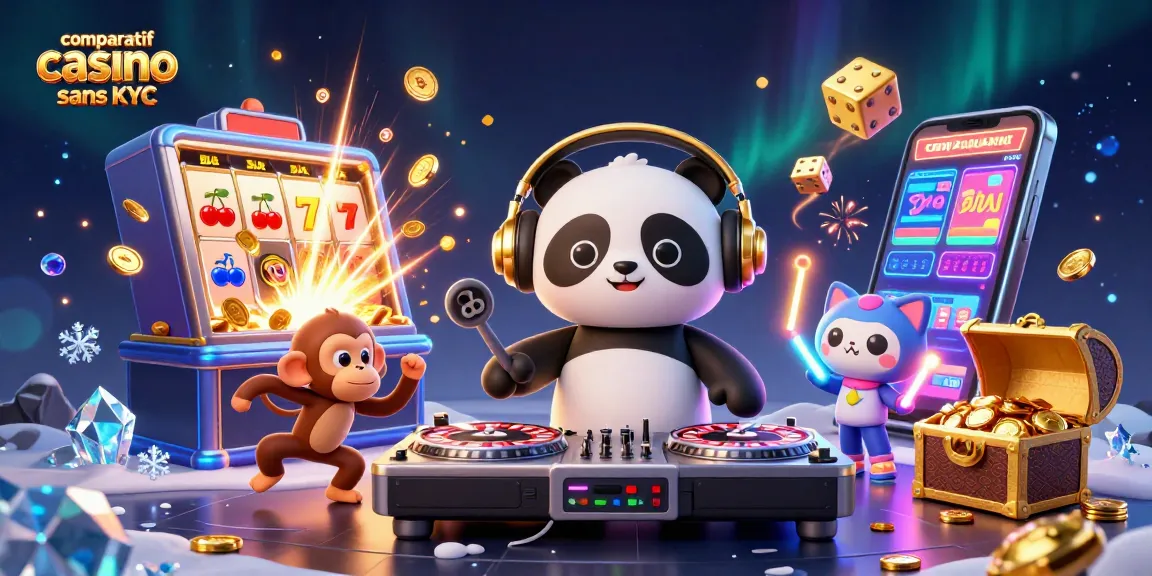 Comparatif casino sans KYC : Animation d'un panda DJ et de ses amis en pleine fête dans un casino.