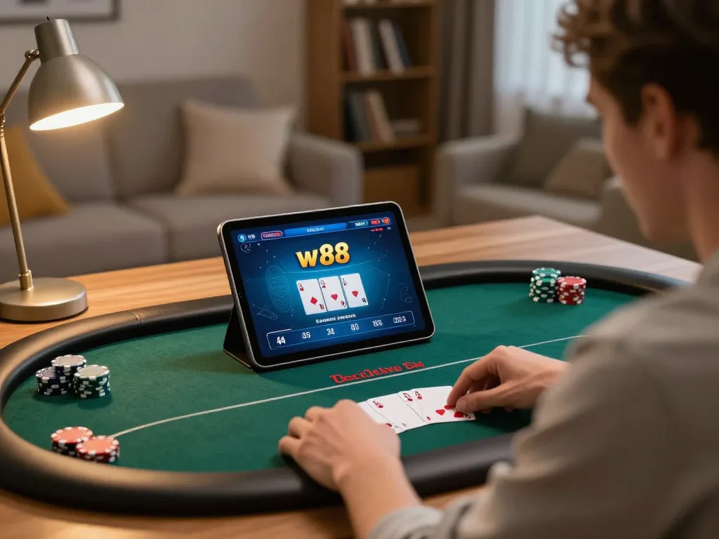 Player engaging with online poker interface on w 88 app, showcasing at-home gaming experience.