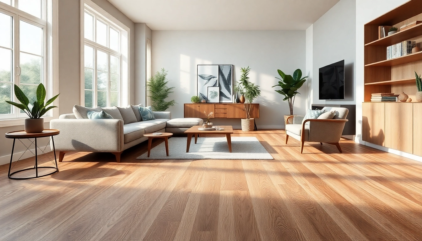 Mise en valeur d'un superbe carrelage imitation parquet dans un salon moderne.