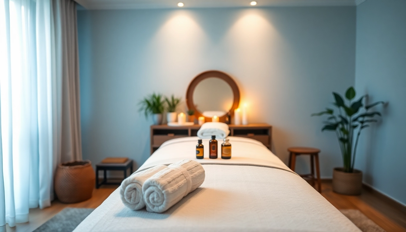 출장 massage setting in a serene home environment with calming elements.