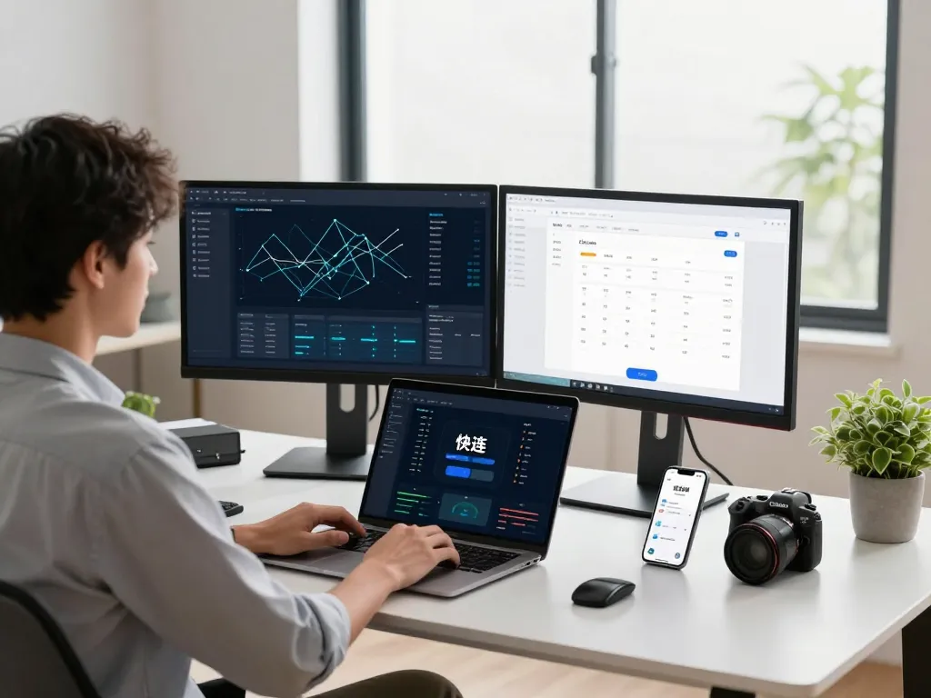 User experiencing 快连 in a modern home office, surrounded by tech setup and natural light.