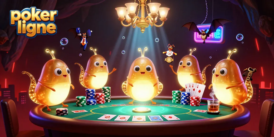 Jouez au poker ligne dans un casino vibrant illuminé par des vers luisants dans une scène fascinante.