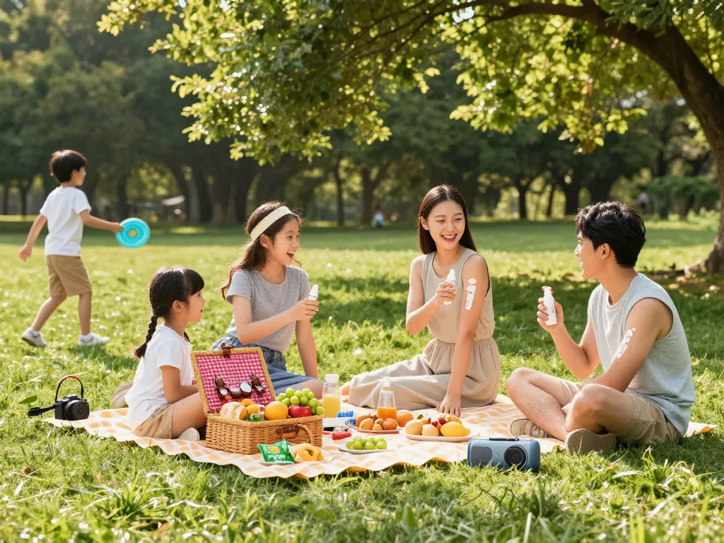 Family applying mosquito repellent during a picnic in the park