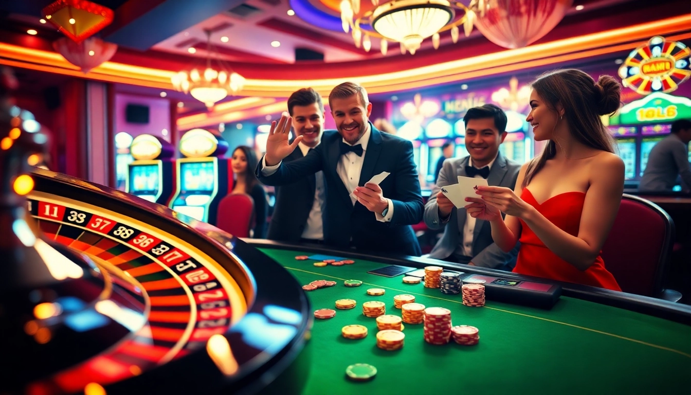 Experience the vibrant world of rr88com with players celebrating wins at a casino table featuring roulette and poker chips.