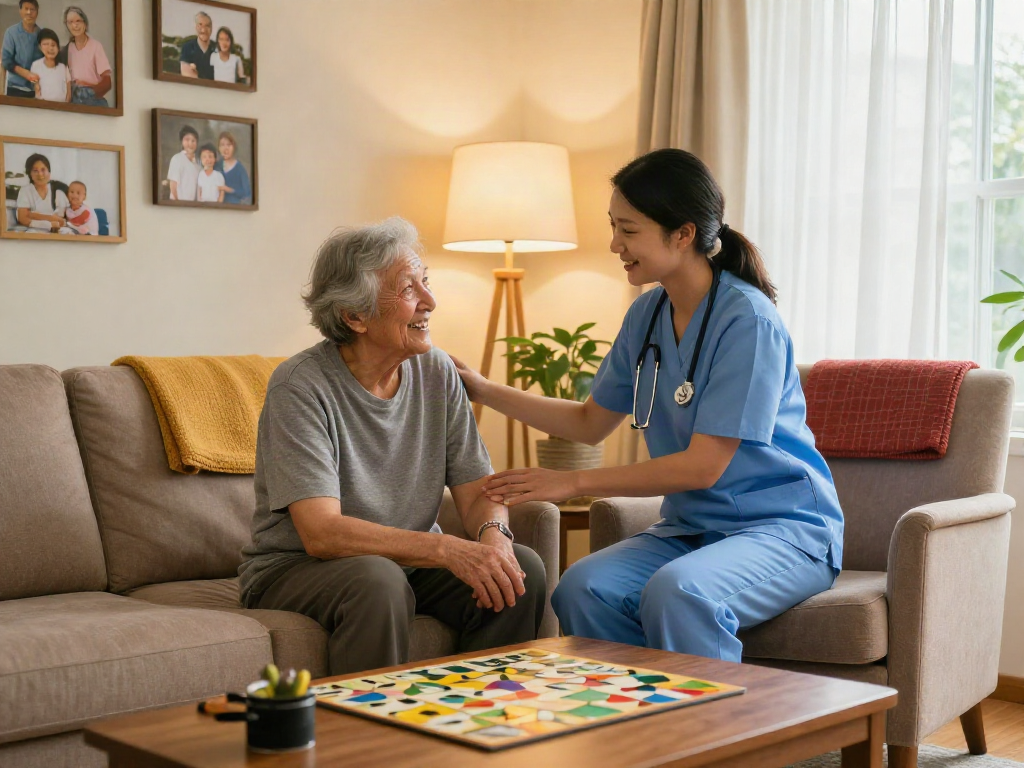 Caregiver providing support in a warm home environment for bonus new member 100.