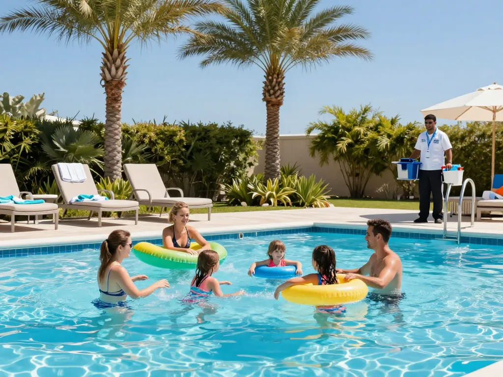 Dolphin Pool Services enhancing family pool enjoyment with professional maintenance and care in a sunny backyard setting.